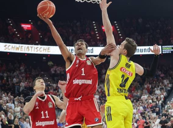 Bayerns 1 Oscar DA SILVA vs Berlins 34 BEAN. Basketball, Bayern - Berlin. Bundesliga, FC Bayern Basketball - Alba Berlin, Playoff Finale, 2.Spiel, Saison 2025-2026, 14.06.2026, in Muenchen, S A P G A R D E N, Deutschland. Quelle Copyright Credit : Oryk HAIST