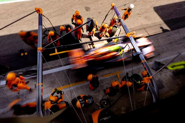BARCELONA - Pit stop for Formula 1 driver Lando Norris of McLaren Mastercard Formula 1 Team during the Formula 1 Spain-Catalonia at the Circuit de Barcelona-Catalunya on June 14, 2026 in Barcelona, Spain. (Photo by DeFodi Images) -