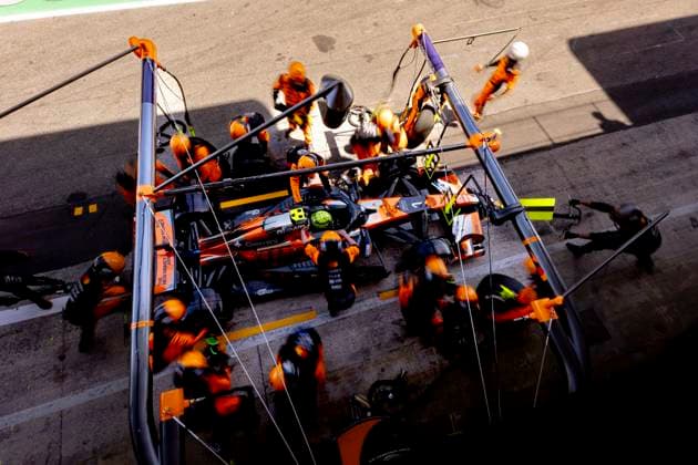 BARCELONA - Pit stop for Formula 1 driver Lando Norris of McLaren Mastercard Formula 1 Team during the Formula 1 Spain-Catalonia at the Circuit de Barcelona-Catalunya on June 14, 2026 in Barcelona, Spain. (Photo by DeFodi Images) -