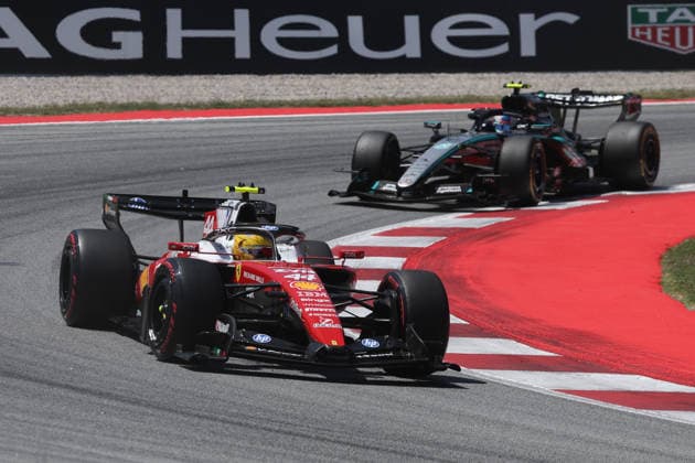 F1 Barcelona-Catalunya Grand Prix 2026 Lewis Hamilton of Ferrari and Andrea Kimi Antonelli of Mercedes during the Formula 1 Barcelona-Catalunya Grand Prix at Circuit de Barcelona-Catalunya in Barcelona on June 14, 2026. Barcelona Spain  Copyright: xJakubxPorzyckix originalFilename:porzycki-f1barcel260614_npZGn.jpg