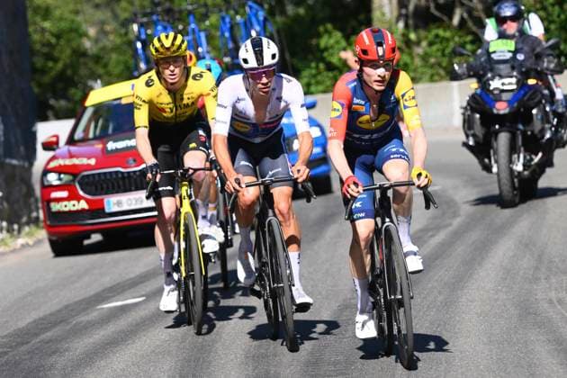 Tour Auvergne - Rhone-Alpes 2026 Stage 8 PLATEAU DE SOLAISON - BRISON, FRANCE - JUNE 14 : Skjelmose Mattias (DEN) of Lidl - Trek, Ayuso Juan (ESP) of Lidl - Trek, Jorgenson Matteo (USA) of Team Visma Lease a Bike during stage 8 of the 78th edition of Tour Auvergne - Rhone-Alpes an UCI World Tour 2.UWT cycling road race stage for Men Elite of 120.1 km with start in Beaufort and finish in Plateau de Solaison - Brison on June 14, 2026 in Plateau de Solaison - Brison, France, 14 06 2026 ( Motordriver Guy De Vuyst - Plateau de Solaison - Brison France  Copyright: xVincentxKalutx