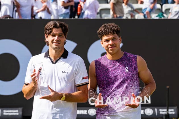 Stuttgart, GERMANY - June 14: Winner Ben Shelton (USA) and Taylor Fritz (USA) after the Singles Final Match between Ben Shelton (USA) vs. Taylor Fritz (USA) at BOSS OPEN 2026, Tennisanlage Weissenhof on June 14, 2026 in Stuttgart, Germany. Baden-Württemberg Germany Copyright: xTimoxSteinx