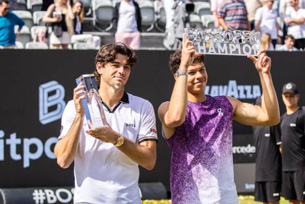 14.06.26 Boss Open Stuttgart Deutschland, Stuttgart, 14.06.2026, Tennis, Boss Open Stuttgart: v.l. Taylor Fritz (USA), Bens Shelton (USA), Jubel, Siegerehrung.