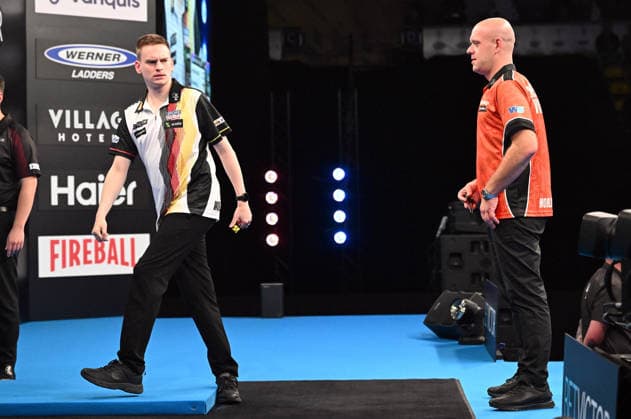 14.06.2026, xhbx, Dart World Cup of Darts 2026, v.l. Ricardo Pietreczko (Deutschland), Michael van Gerwen (Niederlande) (DFL DFB REGULATIONS PROHIBIT ANY USE OF PHOTOGRAPHS as IMAGE SEQUENCES and or QUASI-VIDEO) Frankfurt