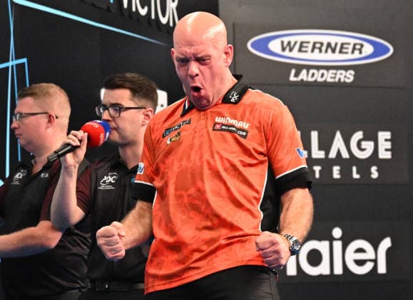 14.06.2026, xhbx, Dart World Cup of Darts 2026, v.l. Michael van Gerwen (Niederlande) (DFL DFB REGULATIONS PROHIBIT ANY USE OF PHOTOGRAPHS as IMAGE SEQUENCES and or QUASI-VIDEO) Frankfurt