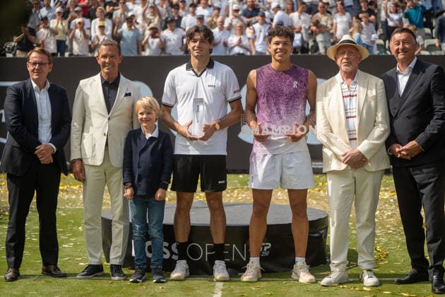 Martin Kunz (1. Vorsitzender TC Weissendorf), Daniel Grieder (CEO Hugo Boss), Taylor Fritz, Ben Shelton, Boris Becker (Tennislegende), Edwin Weindorfer (CEO Emotion Group), Ben Shelton vs. Taylor Fritz, Tennis, ATP, Tennis Herren Turnier, Boss-Open, Center-Court, Finale, 14.06.2026, Ben Shelton vs. Taylor Fritz, Tennis, ATP-Turnier, Boss-Open, Center-Court, Finale, 14.06.2026, Stuttgart