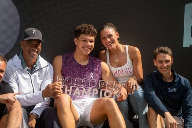 Bryan Shelton (Vater und Trainer von Ben Shelton), Ben Shelton und Trinity Rodman (Freundin von Ben Shelton), Ben Shelton vs. Taylor Fritz, Tennis, ATP, Tennis Herren Turnier, Boss-Open, Center-Court, Finale, 14.06.2026, Ben Shelton vs. Taylor Fritz, Tennis, ATP-Turnier, Boss-Open, Center-Court, Finale, 14.06.2026, Stuttgart