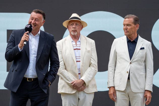 Edwin Weindorfer (CEO Emotion Group), Boris Becker (Tennislegende), Daniel Grieder (CEO Hugo Boss), Ben Shelton vs. Taylor Fritz, Tennis, ATP, Tennis Herren Turnier, Boss-Open, Center-Court, Finale, 14.06.2026, Ben Shelton vs. Taylor Fritz, Tennis, ATP-Turnier, Boss-Open, Center-Court, Finale, 14.06.2026, Stuttgart