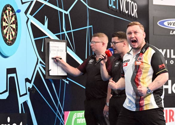 14.06.2026, xhbx, Dart World Cup of Darts 2026, v.l. Martin Schindler (Deutschland) (DFL DFB REGULATIONS PROHIBIT ANY USE OF PHOTOGRAPHS as IMAGE SEQUENCES and or QUASI-VIDEO) Frankfurt