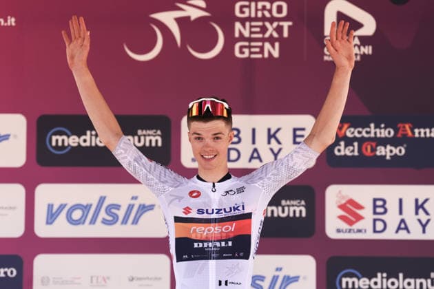 Norway s Hakon Eiksund Oksnes of Team Drali - Repsol whitw jersey during Stage 1 of the Giro Next Generation from Reggio Calabria to Vibo Valentia Italy, Saturday June 14, 2026(Photo Massimo Paolone LaPresse)  Copyright: xMassimoxPaolone LaPressex