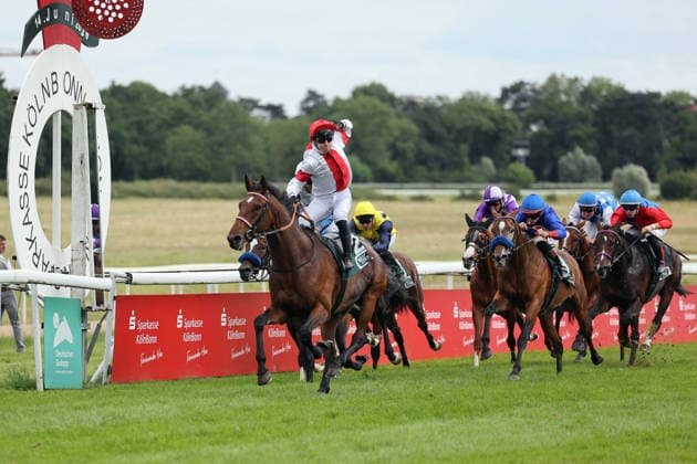 14.06.2026, Koeln, Nordrhein-Westfalen, GER - Englishman mit Enzo Crublet gewinnt das 191. Union-Rennen. Galopprennbahn Koeln-Weidenpesch. (Pferd, Jockey, Englishman, Crublet, Sieg, Ziel, Zielankunft) 260614SG793KOELN.JPG