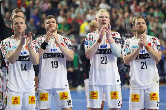 14.06.2026, xgox, Handball - EHF Champions League Spiel um Platz 3 SC Magdeburg - Aalborg Handbold v.l. Omar Ingi Magnusson (Magdeburg, 14), Elvar Oern Jonsson (Magdeburg, 19), Magnus Saugstrup (Magdeburg, 23) , Albin Lagergren (Magdeburg, 21) Jubel ueber den Sieg, Jubel nach Spielende Köln