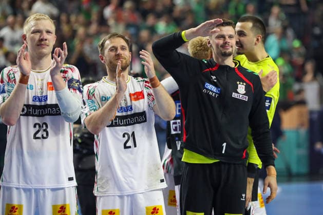 14.06.2026, xgox, Handball - EHF Champions League Spiel um Platz 3 SC Magdeburg - Aalborg Handbold v.l. Sergey Hernandez Ferrer (Magdeburg, 1) Jubel ueber den Sieg, Jubel nach Spielende Köln