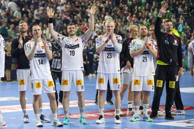 14.06.2026, xgox, Handball - EHF Champions League Spiel um Platz 3 SC Magdeburg - Aalborg Handbold v.l. Omar Ingi Magnusson (Magdeburg, 14), Elvar Oern Jonsson (Magdeburg, 19), Magnus Saugstrup (Magdeburg, 23), Albin Lagergren (Magdeburg, 21) Jubel ueber den Sieg, Jubel nach Spielende Köln