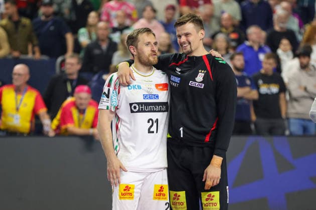 14.06.2026, xgox, Handball - EHF Champions League Spiel um Platz 3 SC Magdeburg - Aalborg Handbold v.l. Albin Lagergren (Magdeburg, 21), Sergey Hernandez Ferrer (Magdeburg, 1) Jubel ueber den Sieg, Jubel nach Spielende Köln