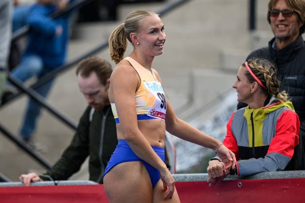 260614 Maja Askag, Raby-Rekarne FIF, efter damernas längdhopp under friidrottstävlingen Folksam Grand Prix den 14 juni 2026 i Stockholm.