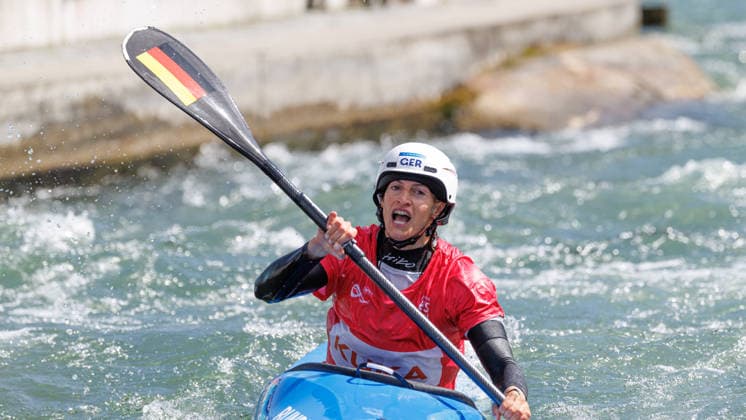 Ricarda Funk (GER) bei ICF CANOE SLALOM WORLD CUP, Kanusport, Frauen, Kayak Cross, 2026, am 14.06.2026 in Augsburg, Eiskanal. Bayern Deutschland