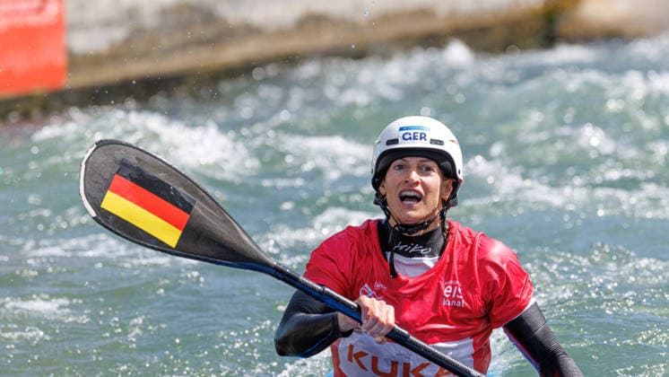 Ricarda Funk (GER) bei ICF CANOE SLALOM WORLD CUP, Kanusport, Frauen, Kayak Cross, 2026, am 14.06.2026 in Augsburg, Eiskanal. Bayern Deutschland