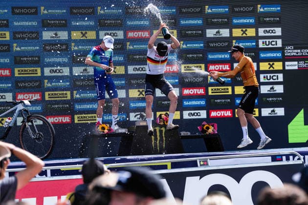 MOUNTAINBIKE - UCI MTB World Series LEOGANG,AUSTRIA,14.JUN.26 - CYCLING, MOUNTAIN BIKE - UCI Mountainbike World Cup, Cross-Country Olympic. Image shows Luca Martin (FRA), Adrien Boichis (FRA) and Riley Amos (USA).  GEPAxpictures xJulioxArellano