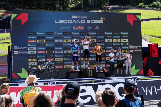 MOUNTAINBIKE - UCI MTB World Series LEOGANG,AUSTRIA,14.JUN.26 - CYCLING, MOUNTAIN BIKE - UCI Mountainbike World Cup, Cross-Country Olympic. Image shows Luca Martin (FRA), Adrien Boichis (FRA) and Riley Amos (USA).  GEPAxpictures xJulioxArellano