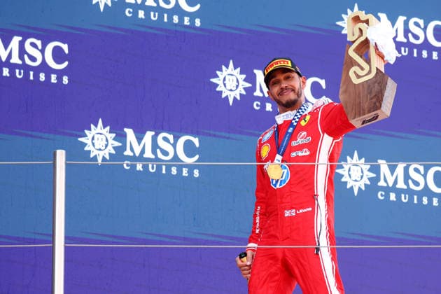 F1 Gran Prix of Catalunya Lewis Hamilton of Scuderia Ferrari HP celebrates on the podium during the F1 Grand Prix of Catalunya at Montemelo Circuit on June 14, 2026 in Barcelona, Spain. Barcelona Circuit de Catalunya Spain Copyright: xMarcoxCanonierox