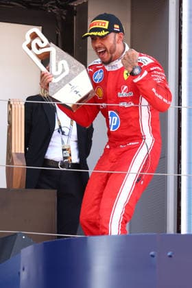 F1 Gran Prix of Catalunya Lewis Hamilton of Scuderia Ferrari HP celebrates on the podium during the F1 Grand Prix of Catalunya at Montemelo Circuit on June 14, 2026 in Barcelona, Spain. Barcelona Circuit de Catalunya Spain Copyright: xMarcoxCanonierox