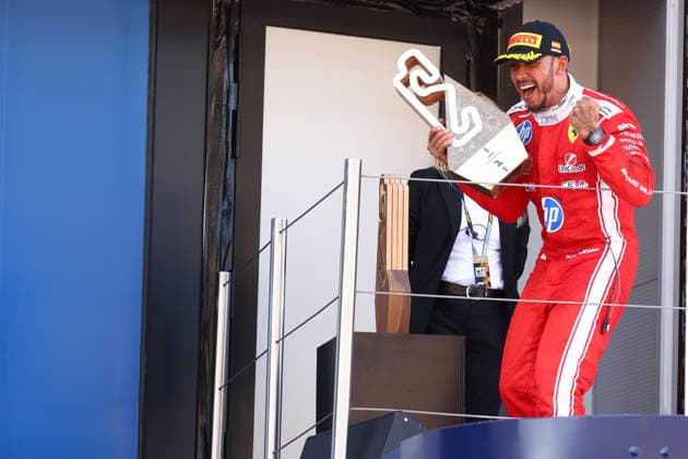 F1 Gran Prix of Catalunya Lewis Hamilton of Scuderia Ferrari HP celebrates on the podium during the F1 Grand Prix of Catalunya at Montemelo Circuit on June 14, 2026 in Barcelona, Spain. Barcelona Circuit de Catalunya Spain Copyright: xMarcoxCanonierox