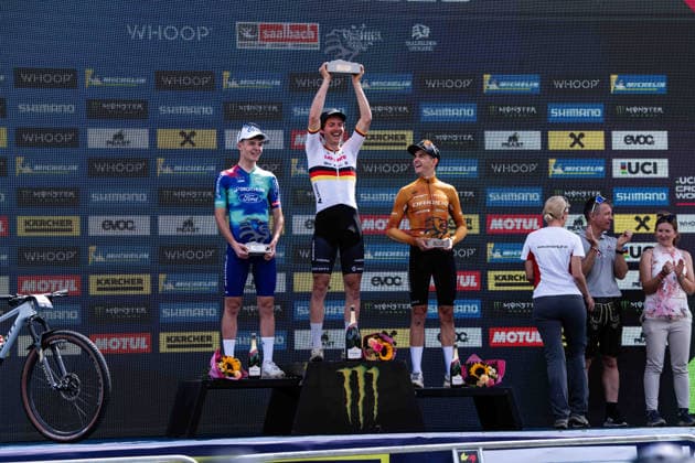 MOUNTAINBIKE - UCI MTB World Series LEOGANG,AUSTRIA,14.JUN.26 - CYCLING, MOUNTAIN BIKE - UCI Mountainbike World Cup, Cross-Country Olympic. Image shows Luca Martin (FRA), Adrien Boichis (FRA) and Riley Amos (USA).  GEPAxpictures xJulioxArellano