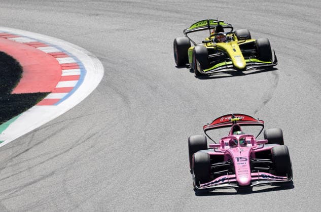 Formula 2 Championship - Round 5 Barcelona - Feature Race Alex Dunne of Rodin Motorsport and Rafael Camara of Invicta Racing compete during the Formula 2 MSC Cruises Gran Premio de Barcelona-Catalunya Race at Barcelona-Catalunya Circuit in Barcelona, Spain, on June 14, 2026. Barcelona Barcelona Spain  Copyright: xUrbanandsportx originalFilename:urbanandsport-formula2260614_npk4k.jpg