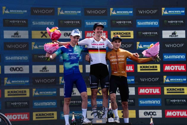 MOUNTAINBIKE - UCI MTB World Series LEOGANG,AUSTRIA,14.JUN.26 - CYCLING, MOUNTAIN BIKE - UCI Mountainbike World Cup, Cross-Country Olympic. Image shows Luca Martin (FRA), Adrien Boichis (FRA) and Riley Amos (USA).  GEPAxpictures xJulioxArellano