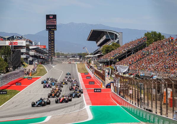 RECORD DATE NOT STATED 14th June 2026: Circuit de Barcelona-Catalunya, Barcelona, Spain; Formula One Barcelona Catalunya Grand Prix, Race Day; race start, George RUSSELL, of Mercedes-AMG Petronas Formula One Team followed by Lewis HAMILTON, of Scuderia Ferrari, driving the Ferrari SF-26, Kimi ANTONELLI, of Mercedes-AMG Petronas Formula One Team, driving the Mercedes-AMG F1 W17, Lando NORRIS, of McLaren Formula 1 Team, driving the McLaren MCL40, Oscar PIASTRI, of McLaren Formula 1 Team, driving the McLaren MCL40, Max VERSTAPPEN, of Oracle Red Bull Racing, driving the Red Bull Racing RB22, Franco COLAPINTO, of BWT Alpine Formula One Team, driving the Alpine A526 PabloxGuillen