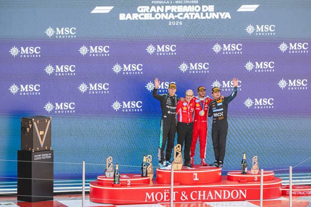 Formula 1 Barcelona Grand Prix - Race AJ Carlos Santi, Ferrari driver Lewis Hamilton (44), McLaren driver Lando Norris (1) and Mercedes driver George Russell (63) celebrate in the podium after the Catalonia Formula One (Formula 1, F1, Formule 1) Grand Prix at the Circuit de Catalunya in Montmelo, on the outskirts of Barcelona, Spain on June 14, 2026. Photo by Alexis Jumeau ABACAPRESS.COM Barcelona Spain  Copyright: xJumeauxAlexis ABACAx
