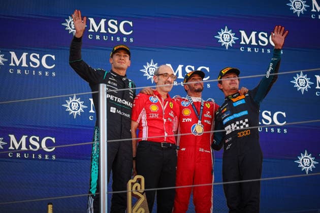 MOTORSPORTS - Formula 1 - 2026 Barcelona-Catalunya Grand Prix Photo by IPA ABACAPRESS.COM85685914 - Lewis Hamilton (Ferrari), George Russell (Mercedes), Lando Norris (McLaren), and Carlo Santi on the podium at the Barcelona-Catalunya Grand Prix, held in Barcelona from June 11–14, 2026, as part of the 2026 Formula 1 World Championship, WM, Weltmeisterschaft at Montmeló. Spain Spain  Copyright: xIPAxSport ABACAx