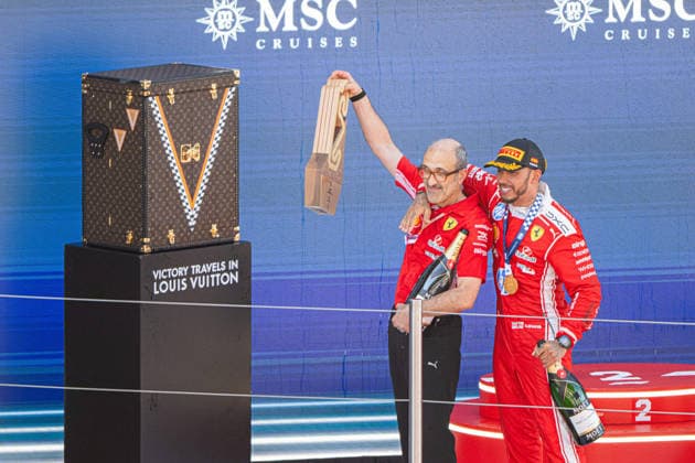 Formula 1 Barcelona Grand Prix - Lewis Hamilton Wins Carlos Santi and Ferrari driver Lewis Hamilton (44) celebrate in the podium after the Catalonia Formula One Grand Prix at the Circuit de Catalunya in Montmelo, on the outskirts of Barcelona, on June 14, 2026. Photo by Alexis Jumeau ABACAPRESS.COM Barcelona Spain  Copyright: xJumeauxAlexis ABACAx
