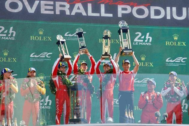 24 HEURES DU MANS 2026 - PODIUM 07 CONWAY Mike (gbr), KOBAYASHI Kamui (jpn), DE VRIES Nyck (nld), Toyota Racing, Toyota TR010 Hybrid 07, Hypercar, podium, during the podium of the 24 Hours of Le Mans 2026, 3rd round of the 2026 FIA World Endurance Championship, on June 14, 2026 on the Circuit des 24 Heures du Mans in Le Mans, France - Le MansFrance  Copyright: xFREDERICxLExFLOCxHx