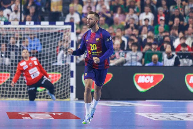 Aleix GOMEZ FC Barcelona, Barca Barca, 20) Jubel, Freude, Leidenschaft, Erfolg, Emotion, Begeisterung, positive Emotionen GER, FC Barcelona Barca vs. Fuechse Berlin, Handball, TruckScout24 EHF FINAL4 2026, Finale, Spielzeit 2025 2026, 14.06.2026, GER, FC Barcelona Barca vs. Fuechse Berlin, Handball, TruckScout24 EHF FINAL4 2026, Finale, Spielzeit 2025 2026, 14.06.2026, Koeln