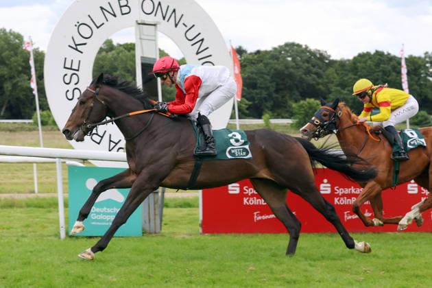 14.06.2026, Koeln, Nordrhein-Westfalen, GER - Bapp mit Rene Piechulek gewinnt. Galopprennbahn Koeln-Weidenpesch. (Pferd, Jockey, Bapp, Piechulek, Sieg, Ziel, Zielankunft) 260614S983KOELN.JPG