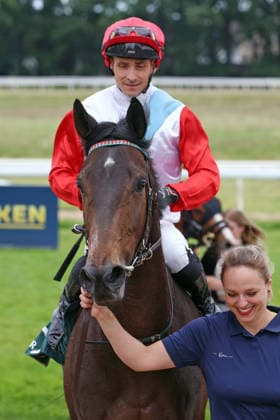 14.06.2026, Koeln, Nordrhein-Westfalen, GER - Bapp mit Rene Piechulek nach dem Sieg. Galopprennbahn Koeln-Weidenpesch. (Pferd, Jockey, Bapp, Piechulek, Sieg) 260614S984KOELN.JPG