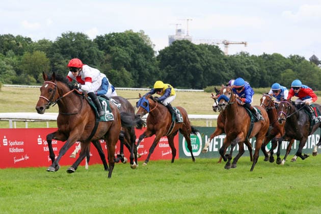 14.06.2026, Koeln, Nordrhein-Westfalen, GER - Englishman mit Enzo Crublet gewinnt das 191. Union-Rennen. Galopprennbahn Koeln-Weidenpesch. (Pferd, Jockey, Englishman, Crublet, Sieg, Ziel, Zielankunft) 260614S986KOELN.JPG