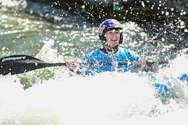 ICF Canoe Slalom World Cup - 14.06.2026, Eis Kanal, Augsburg Lucky Evy Leibfarth after passing the finish line wins the silver medal, Augsburg, 14.06.2026 - Canoe World Cup, Kayak Cross Elimination, Augsburg, Eis Kanal