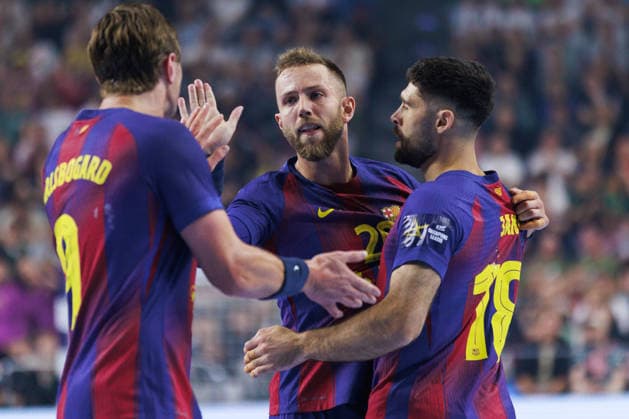 Jonathan CARLSBOGARD FC Barcelona, Barca Barca, 09), Aleix GOMEZ (FC Barcelona Barca, 20), Blaz JANC (FC Barcelona Barca, 18) Jubel, Freude, Leidenschaft, Erfolg, Emotion, Begeisterung, positive Emotionen GER, FC Barcelona Barca vs. Fuechse Berlin, Handball, TruckScout24 EHF FINAL4 2026, Finale, Spielzeit 2025 2026, 14.06.2026, GER, FC Barcelona Barca vs. Fuechse Berlin, Handball, TruckScout24 EHF FINAL4 2026, Finale, Spielzeit 2025 2026, 14.06.2026, Koeln