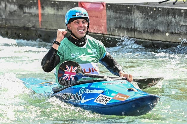 ICF Canoe Slalom World Cup - 14.06.2026, Eis Kanal, Augsburg Gold medal winner Joseph Clarke (GBR) , Augsburg, 14.06.2026 - Canoe World Cup, Kayak Cross Elimination, Augsburg, Eis Kanal