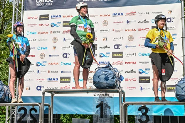 ICF Canoe Slalom World Cup - 14.06.2026, Eis Kanal, Augsburg Winner Men™s Kayak Corss from left: 2nd place David Llorente (ESP) , 1st place Joseph Clarke (GBR) , 3rd place Gabriel de Coster (BEL), Augsburg, 14.06.2026 - Canoe World Cup, Augsburg, Eis Kanal
