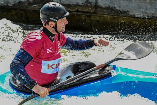 ICF Canoe Slalom World Cup - 14.06.2026, Eis Kanal, Augsburg Lucien Delfour was the first to cross the finish line but was disqualified, Augsburg, 14.06.2026 - Canoe World Cup, Kayak Cross Elimination, Augsburg, Eis Kanal