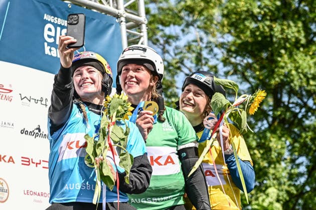 ICF Canoe Slalom World Cup - 14.06.2026, Eis Kanal, Augsburg Winner Men™s Kayak Corss from left: 2nd place David Llorente (ESP) , 1st place Joseph Clarke (GBR) , 3rd place Gabriel de Coster (BEL), Augsburg, 14.06.2026 - Canoe World Cup, Augsburg, Eis Kanal