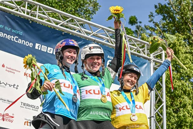 ICF Canoe Slalom World Cup - 14.06.2026, Eis Kanal, Augsburg Winner Women™s Kayak Corss from left: Evy Leibfarth (USA) , 1st place Tereza Kneblova (CZE) , Alena Marx (SUI), Augsburg, 14.06.2026 - Canoe World Cup, Augsburg, Eis Kanal