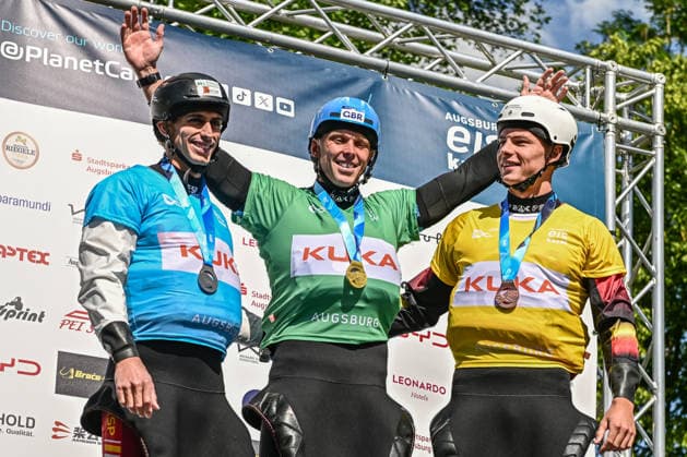 ICF Canoe Slalom World Cup - 14.06.2026, Eis Kanal, Augsburg Winner Men™s Kayak Corss from left: 2nd place David Llorente (ESP) , 1st place Joseph Clarke (GBR) , 3rd place Gabriel de Coster (BEL), Augsburg, 14.06.2026 - Canoe World Cup, Augsburg, Eis Kanal