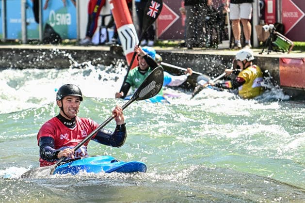 ICF Canoe Slalom World Cup - 14.06.2026, Eis Kanal, Augsburg Lucien Delfour was the first to cross the finish line but was disqualified, Augsburg, 14.06.2026 - Canoe World Cup, Kayak Cross Elimination, Augsburg, Eis Kanal