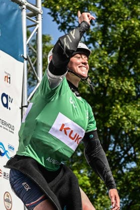 ICF Canoe Slalom World Cup - 14.06.2026, Eis Kanal, Augsburg Raised Finger of Gold medal winner Tereza Kneblova, Augsburg, 14.06.2026 - Canoe World Cup, Kayak Cross Elimination, Augsburg, Eis Kanal