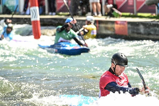ICF Canoe Slalom World Cup - 14.06.2026, Eis Kanal, Augsburg Lucien Delfour was the first to cross the finish line but was disqualified, Augsburg, 14.06.2026 - Canoe World Cup, Kayak Cross Elimination, Augsburg, Eis Kanal